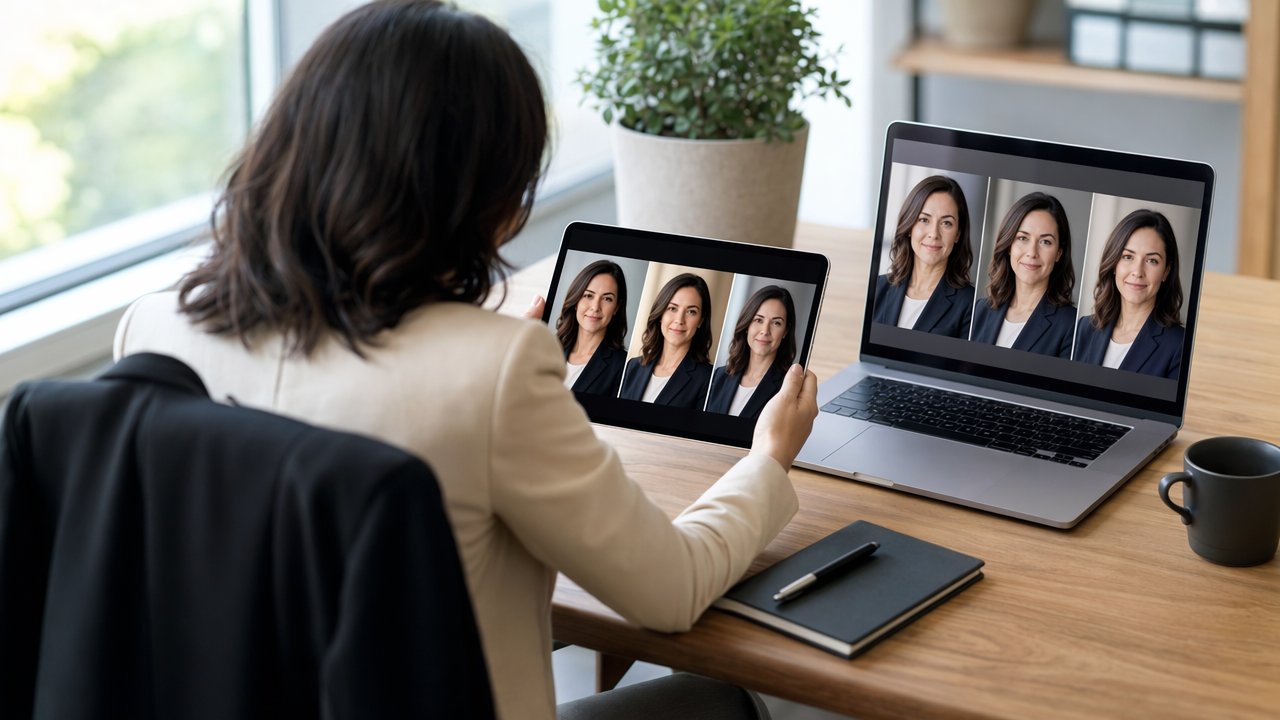 Over-the-shoulder HR professional reviewing consistent AI headshot options at a bright office desk
