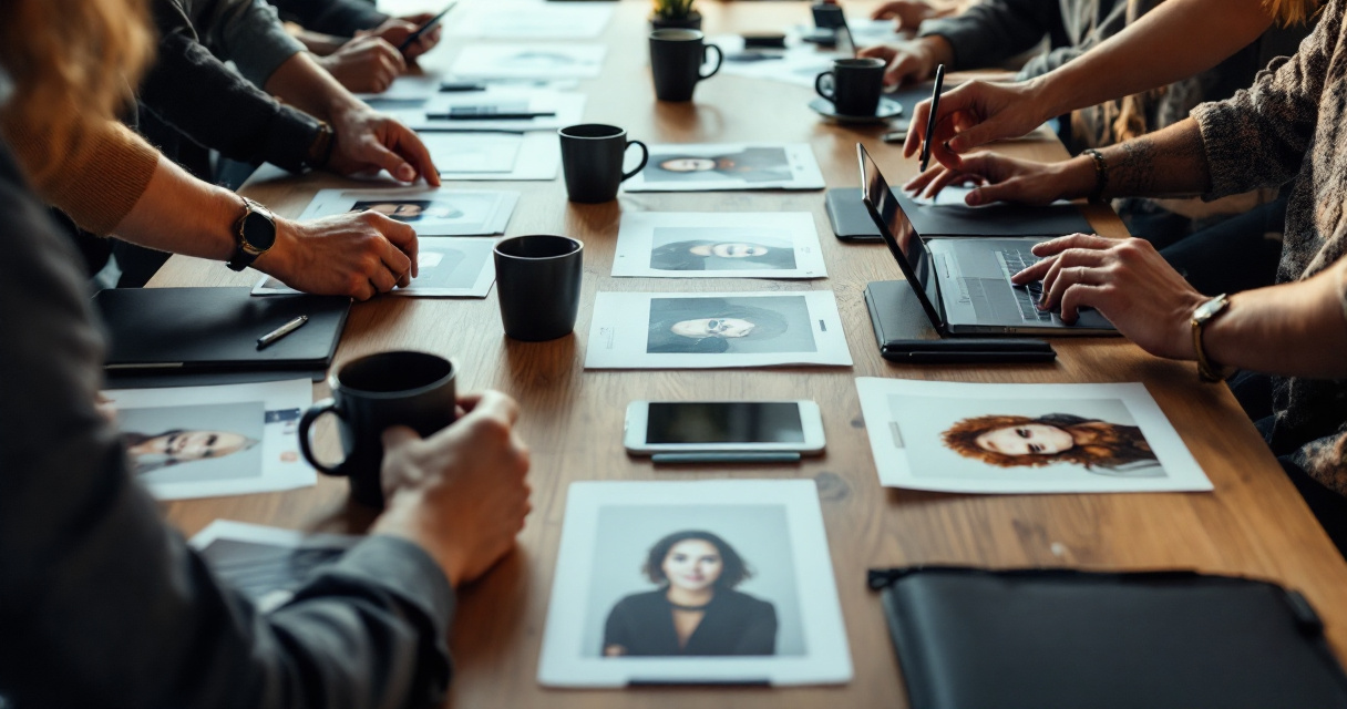 HR team aligning one professional headshot style across devices and printed recruiting materials