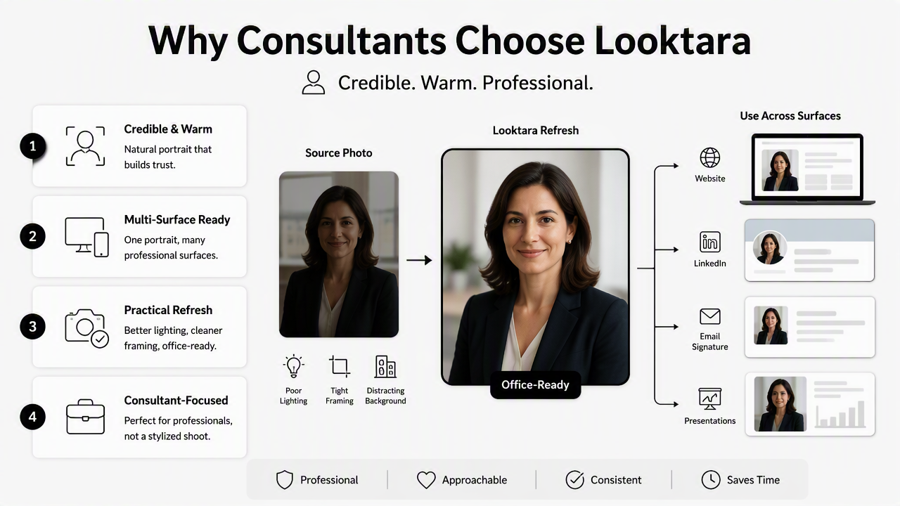 Illustration for How Looktara supports polished consultant portraits