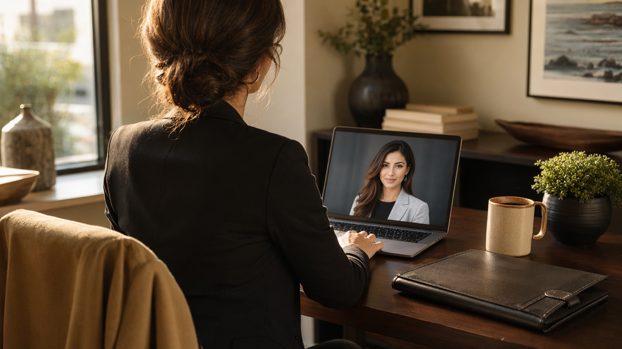 Warm insurance office scene showing a believable, polished AI headshot setup