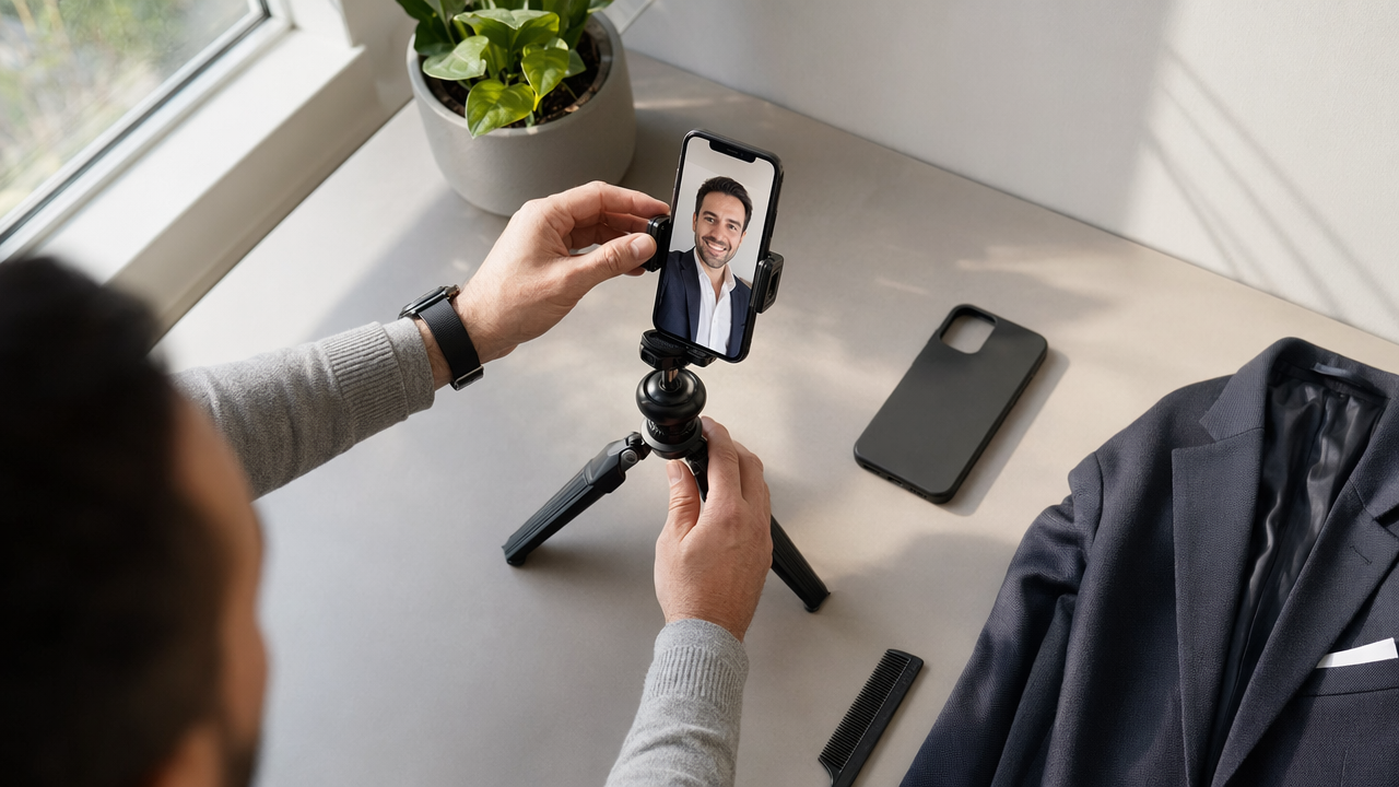 Overhead home setup for turning ordinary selfies into better AI headshots