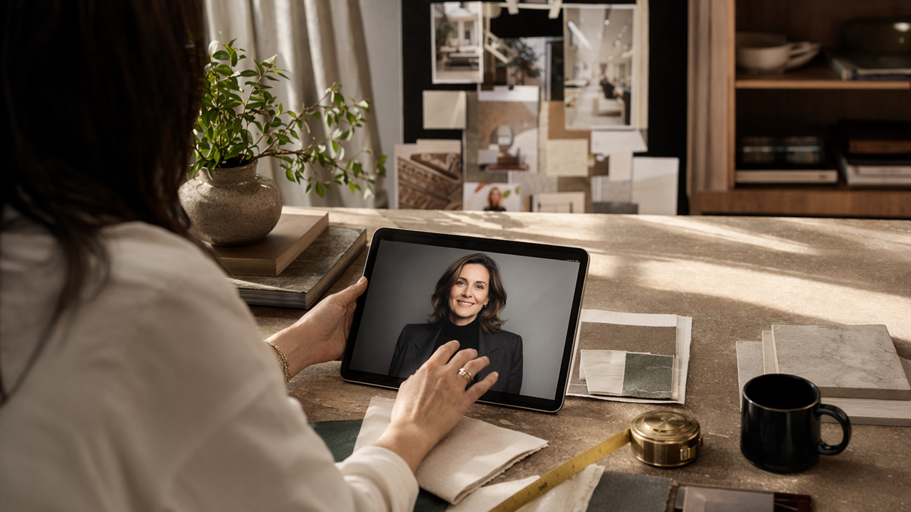 Interior designer reviewing an authentic AI headshot at a styled studio workspace