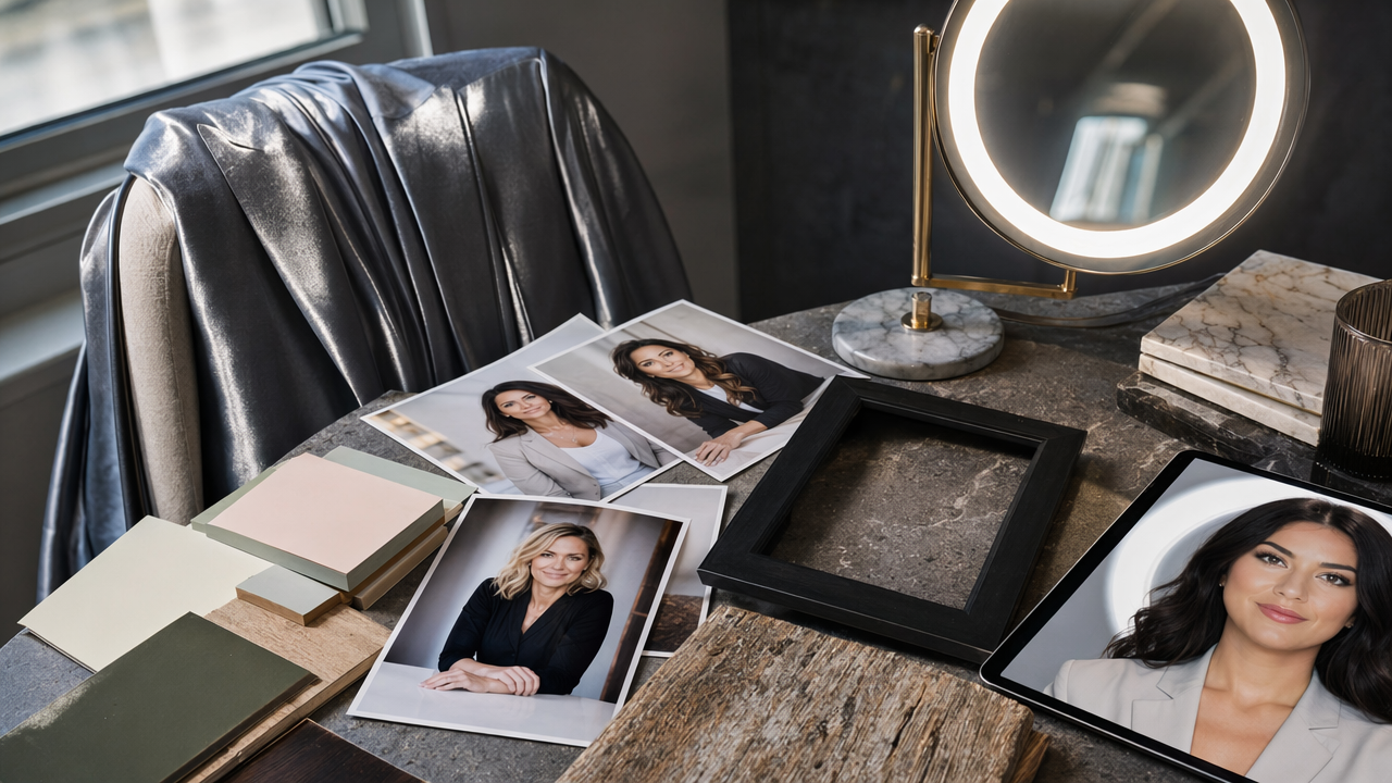 Mismatched portrait setup showing fake-looking and off-brand headshot mistakes for designers