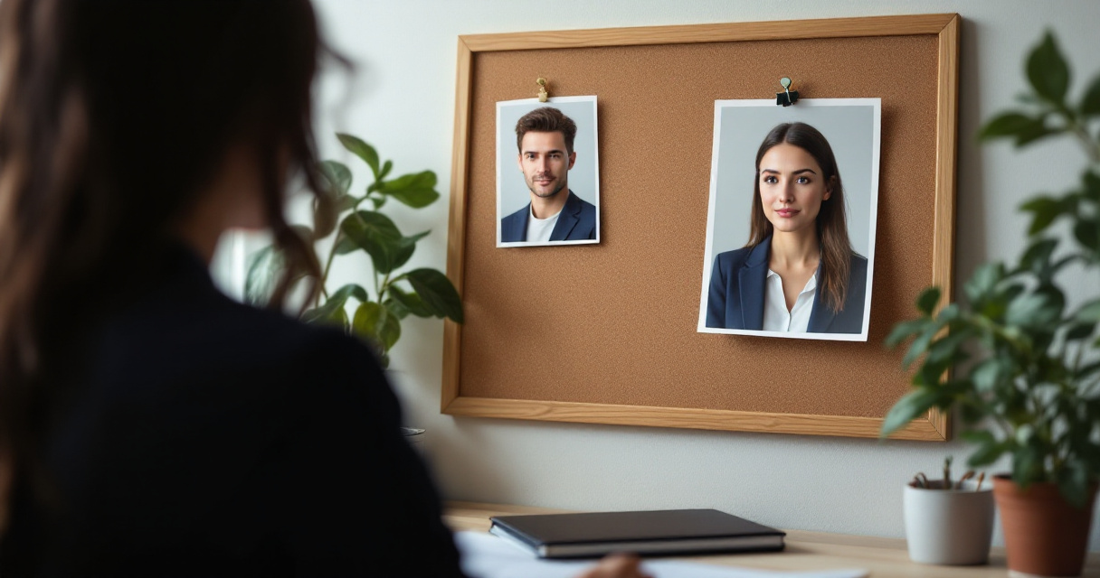 Over-the-shoulder view comparing a natural MBA-style headshot with an overly edited portrait