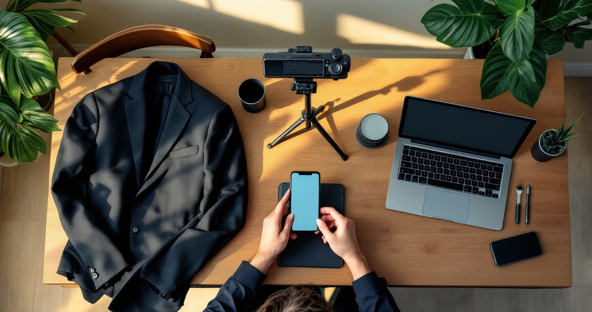 MBA applicant setting up a clean, professional AI headshot photo session at home