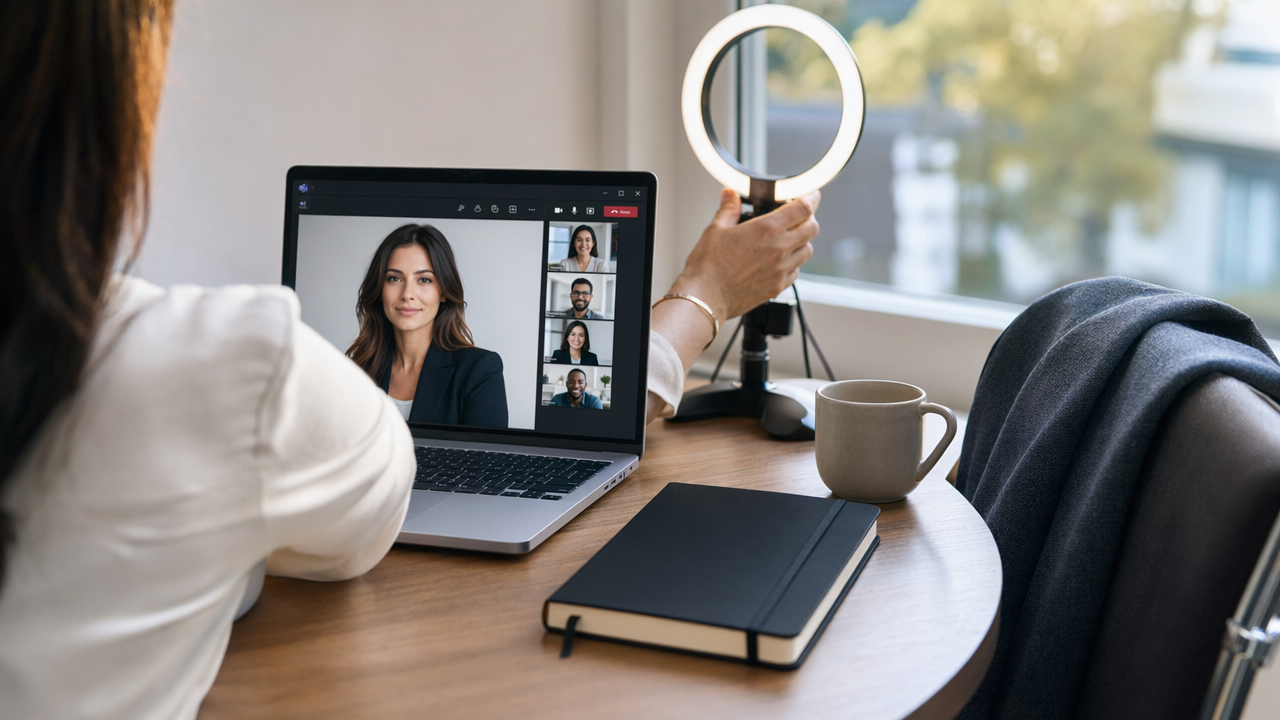 Over-the-shoulder desk scene showing a realistic AI headshot setup for a professional Teams profile.