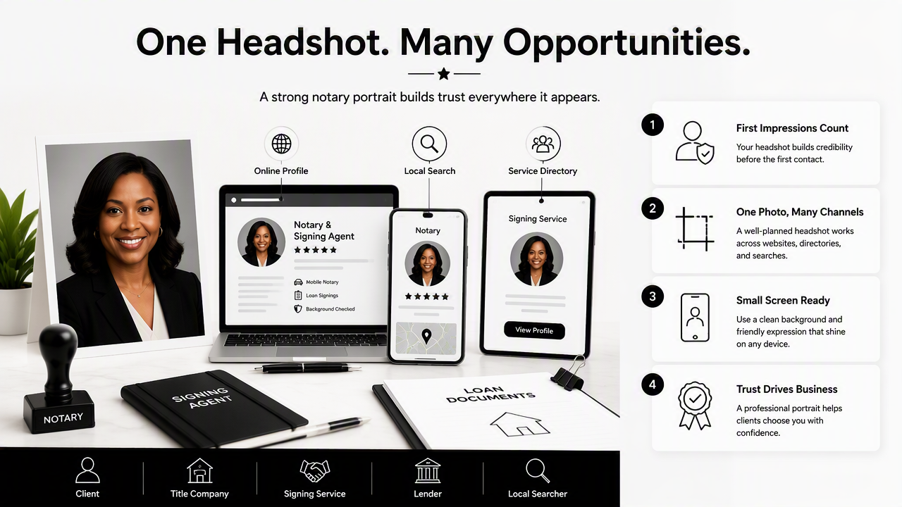 Illustration for Where should a notary headshot appear online?