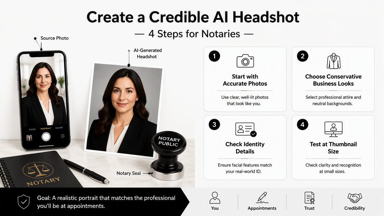 Illustration for How can notaries create a credible AI headshot in 2026?