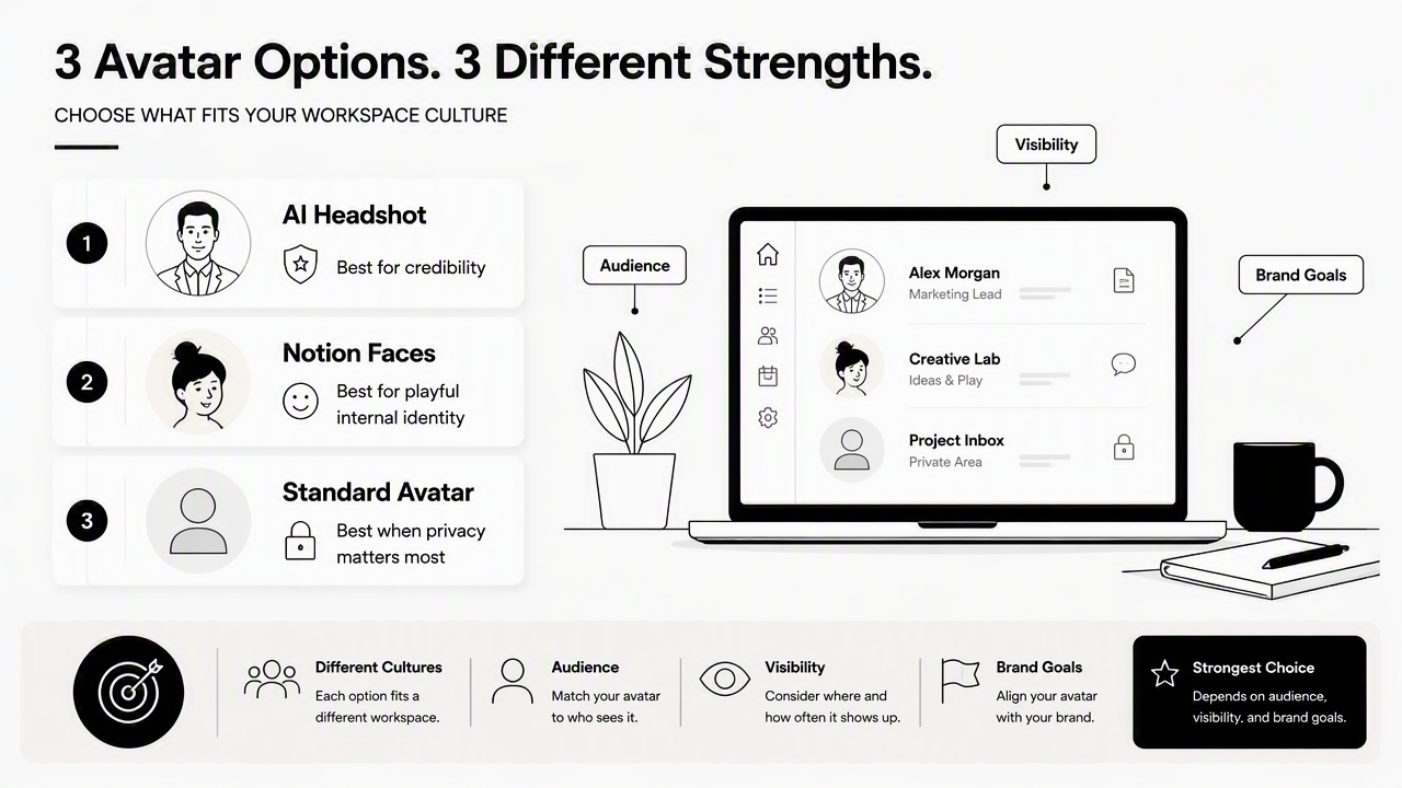 Illustration for AI headshot vs Notion Faces vs standard avatar