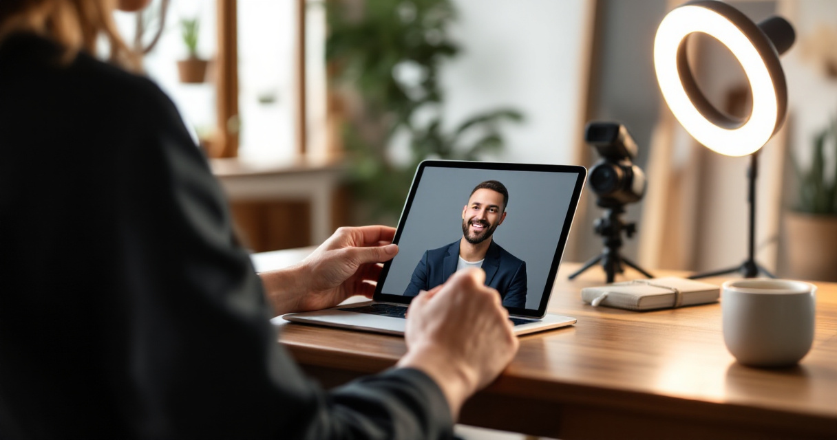 Over-the-shoulder view of AI headshot setup in a polished online course creator studio