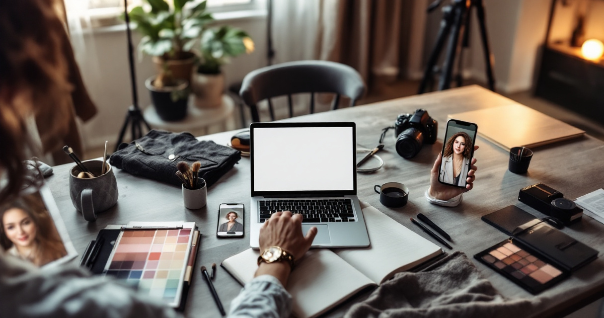 Creator branding workflow with AI portrait tools, wardrobe planning, and studio equipment