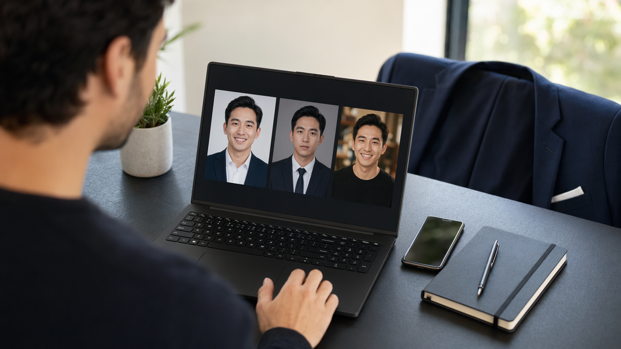 Over-the-shoulder workspace showing three professional headshot style options for a product manager