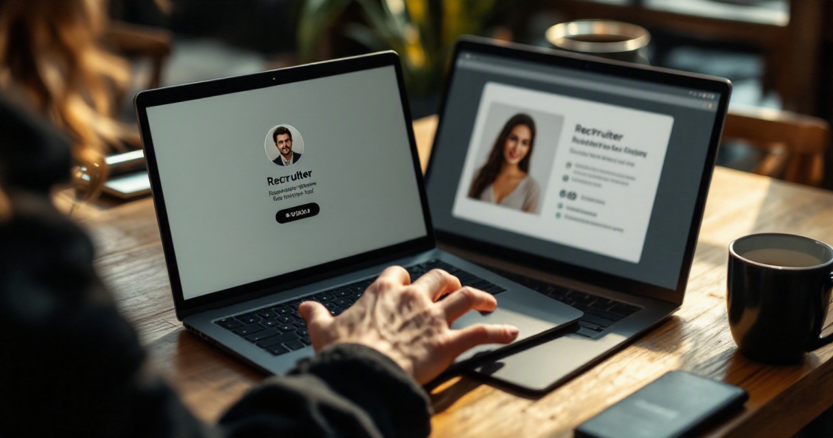 Candidate reviews a warm recruiter profile photo on a laptop before responding