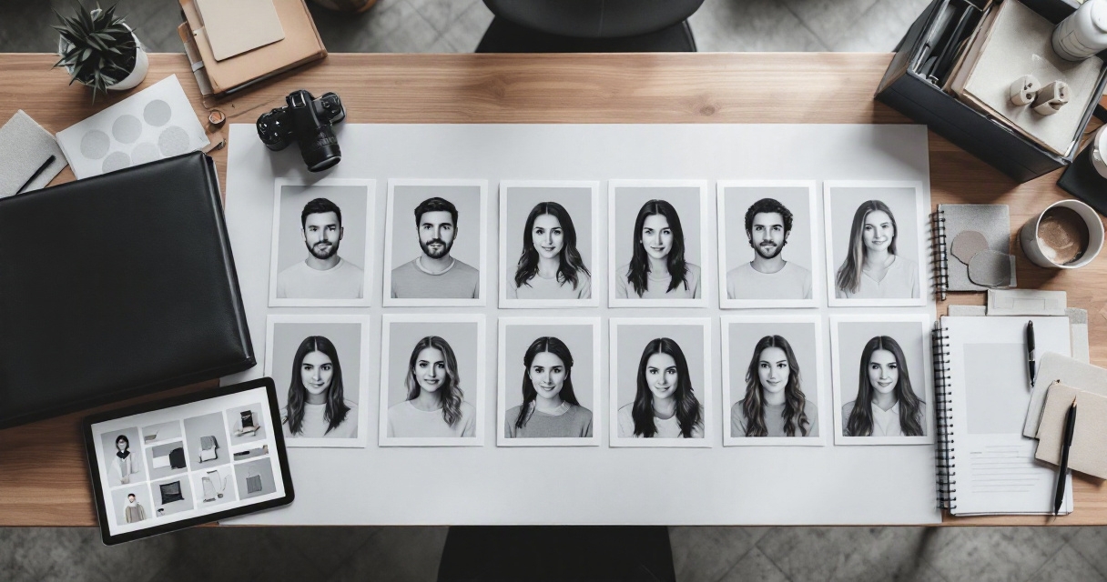 Recruiting team arranges consistent professional headshots and style references on a studio table