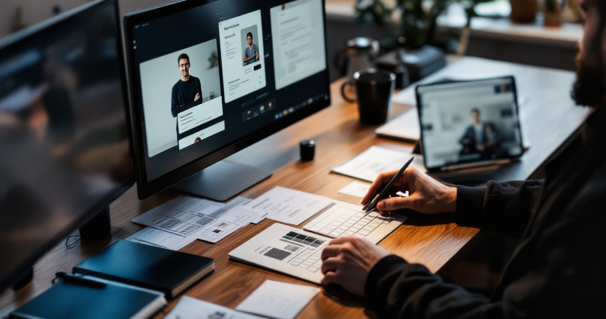 Over-the-shoulder UX workspace comparing a polished profile photo with product design portfolio screens