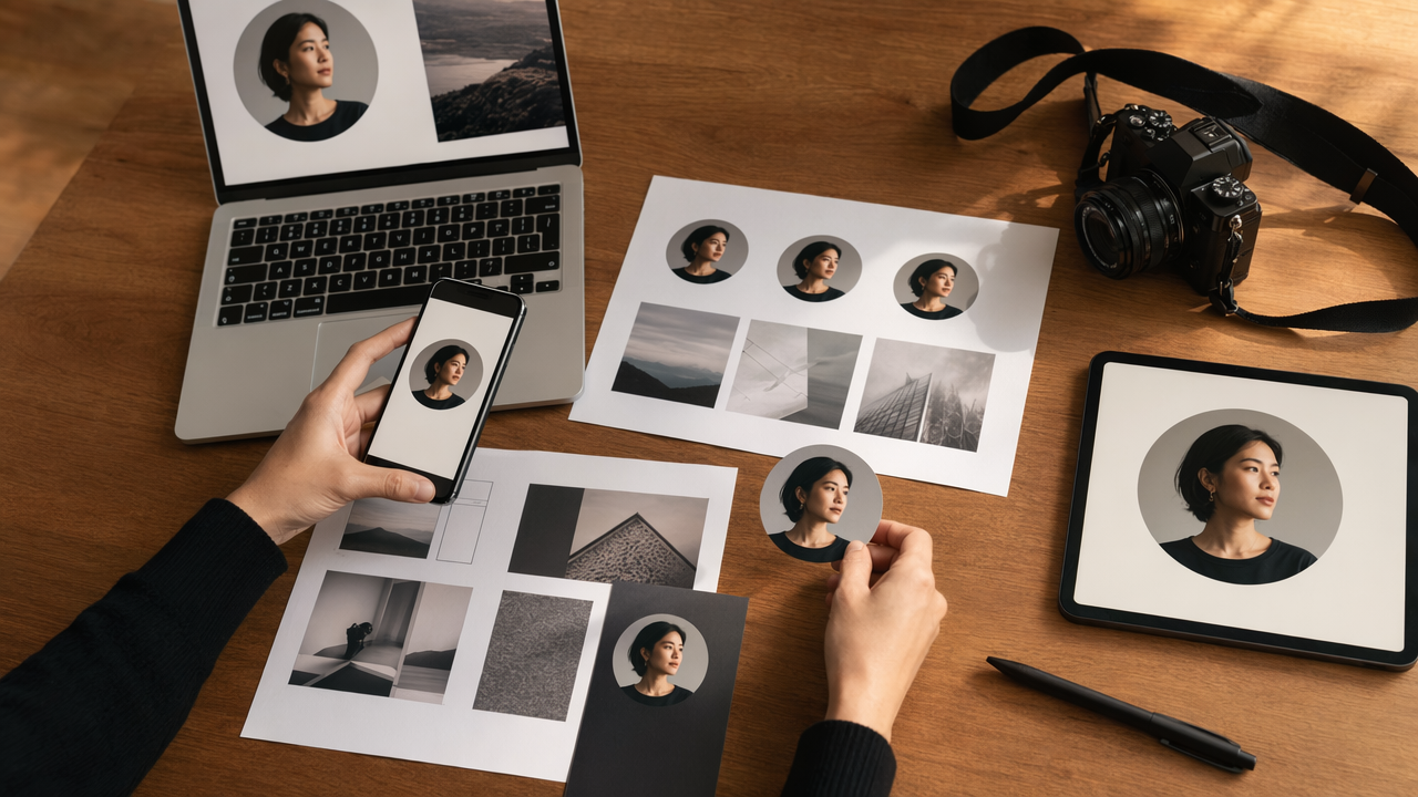 Top-down scene of UX designer devices and portfolio materials showing careful profile photo placement