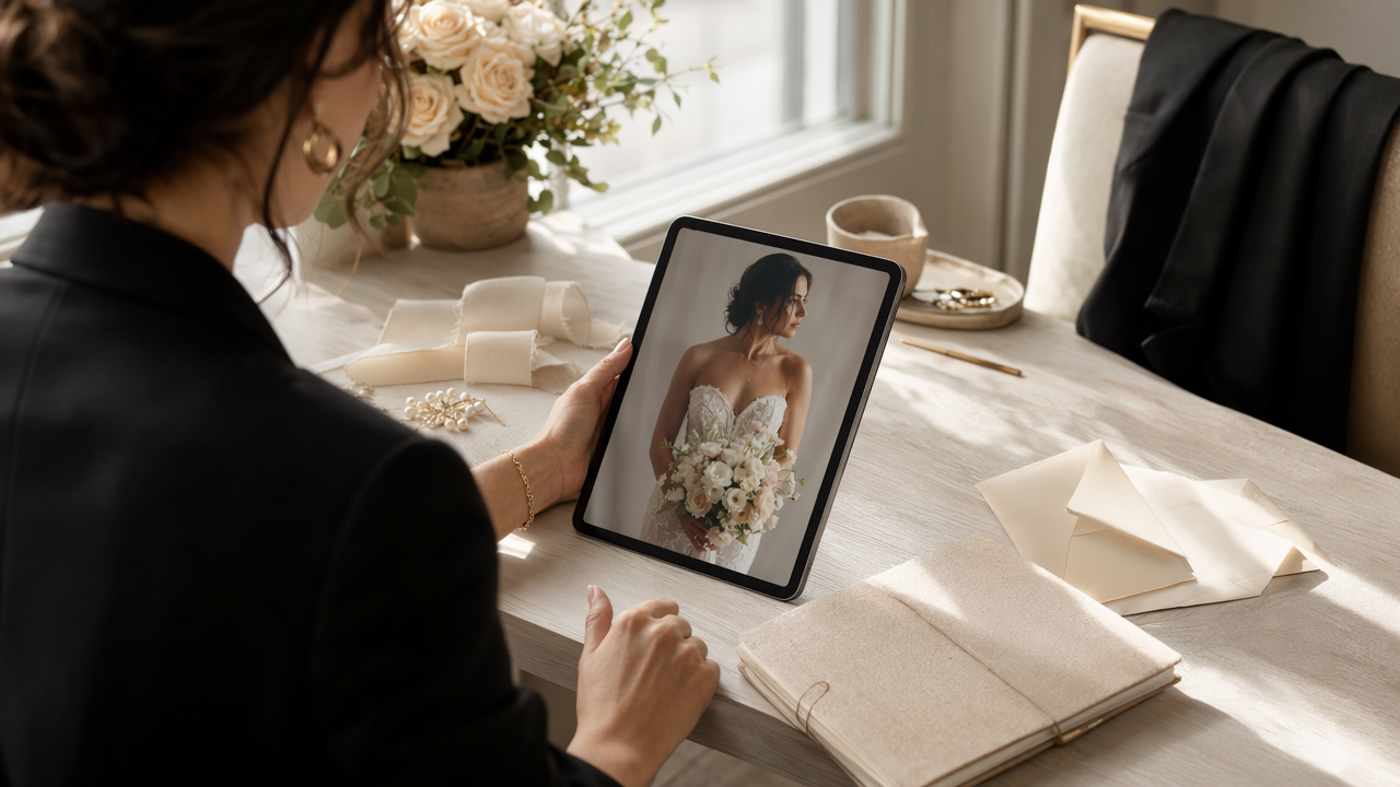 Wedding planner branding workspace with polished portrait and elegant styling details