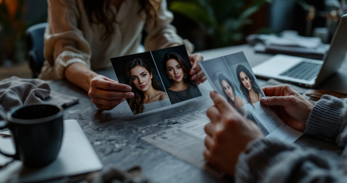 Hands comparing natural and uncanny wedding planner portrait prints on a desk