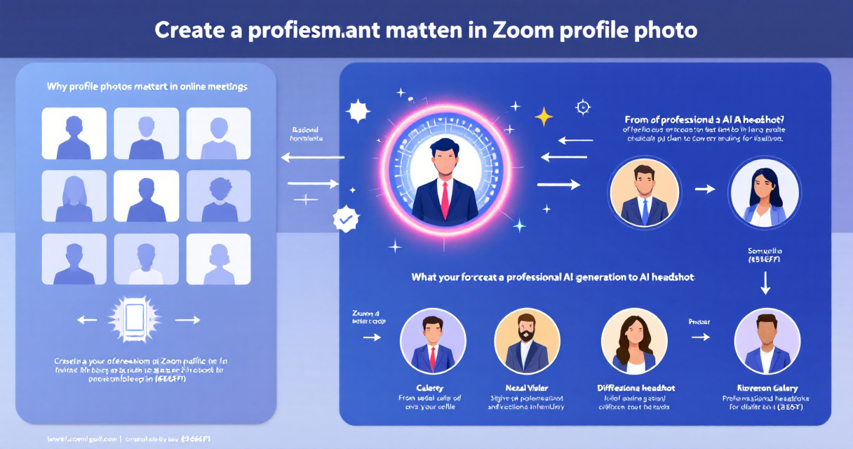 Infographic showing how AI turns selfies into professional Zoom headshots with workflow, style examples, mistakes, and comparison to traditional photography.