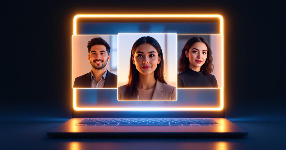 AI-generated professional headshot style variations emerging from laptop for modern Zoom profile photos