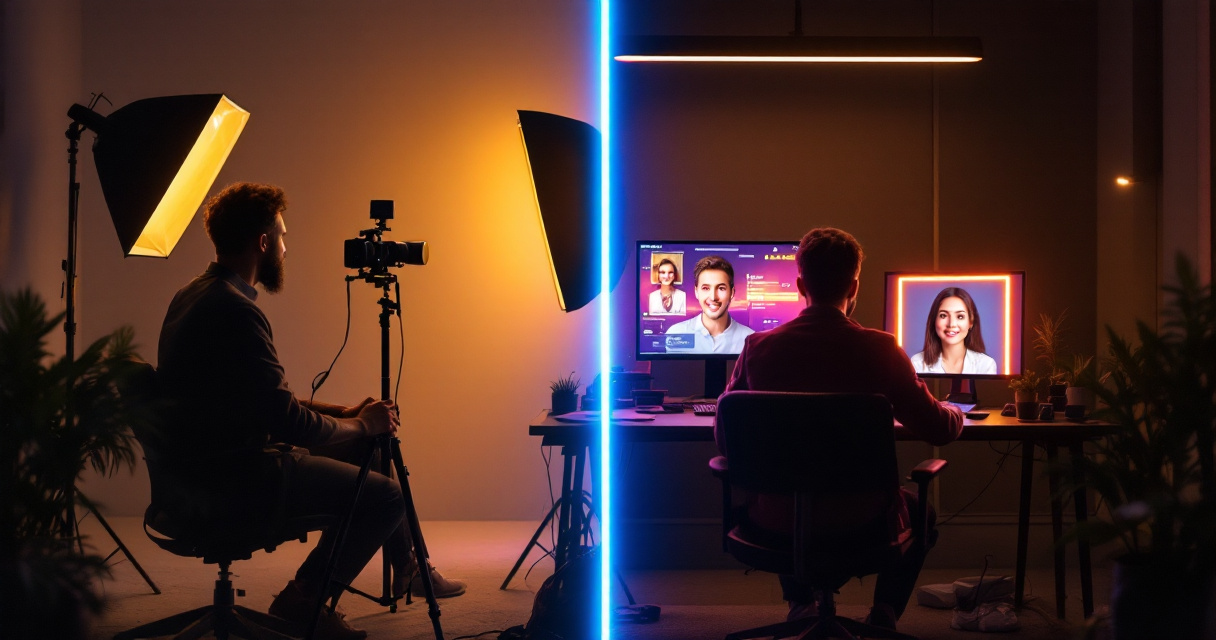 Conceptual comparison of AI-generated headshot creation versus traditional studio photography for remote professionals