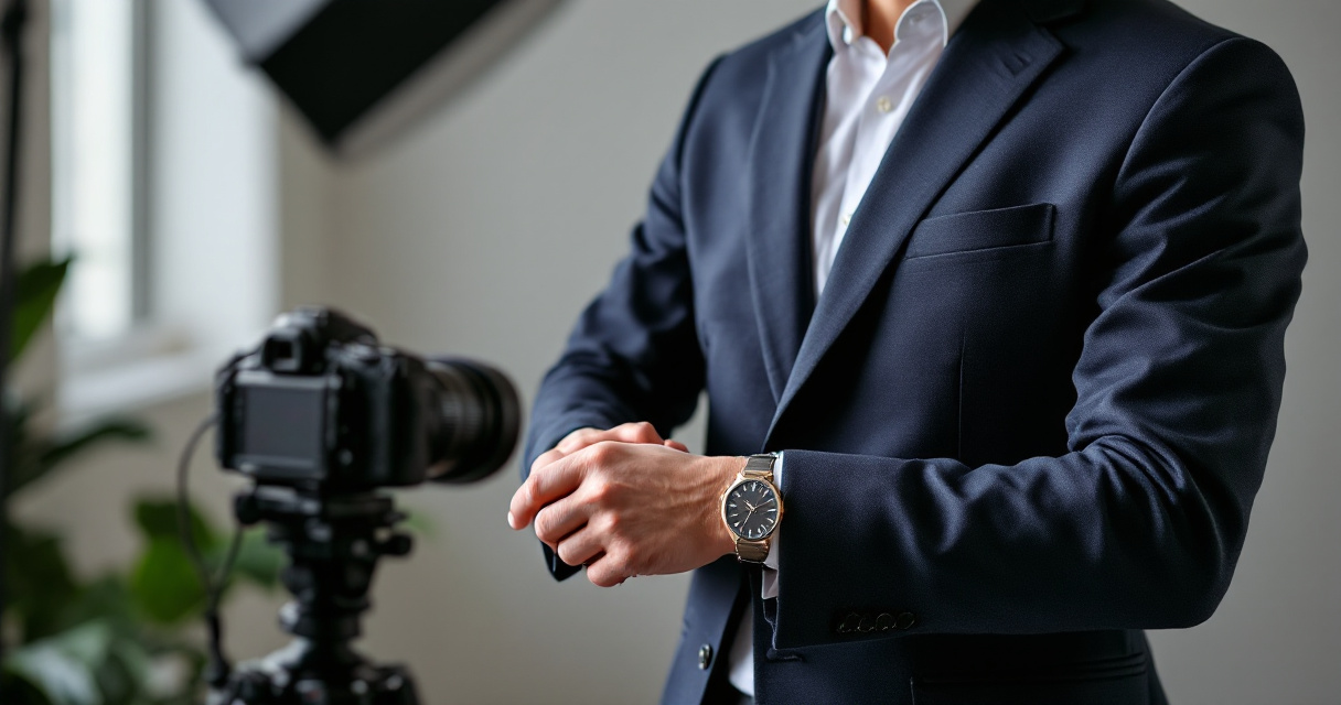 Professional studio setup with tailored black suit and camera prepared for formal AI headshot
