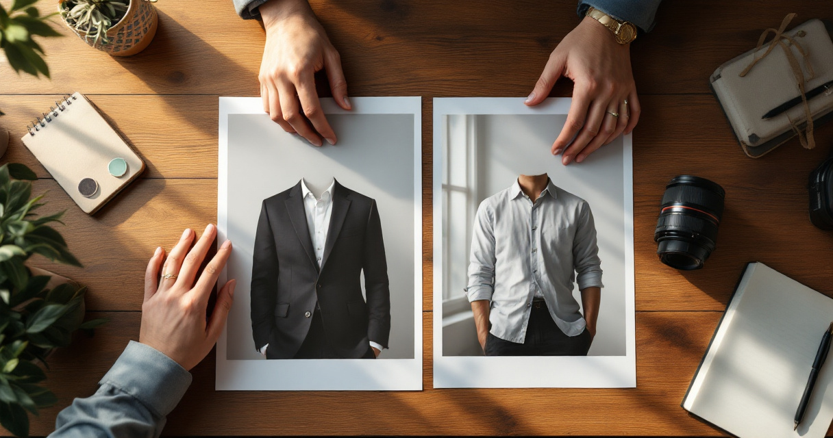 Side-by-side printed portraits comparing formal blazer headshot with relaxed casual photo