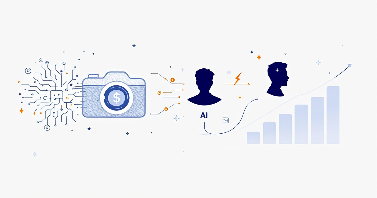 Infographic showing AI headshot generation process for freelance writers with comparison icons and platform placement visuals in indigo color scheme