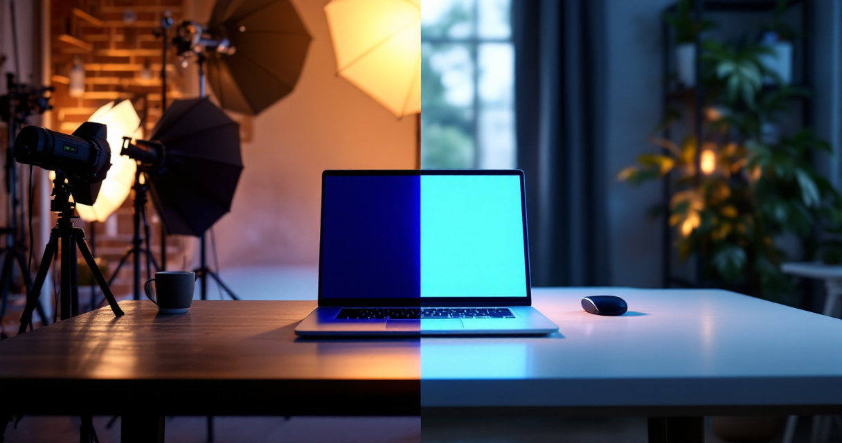 Traditional photography studio equipment compared to modern AI headshot technology on laptop screen