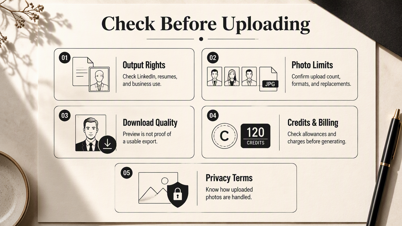 Five-point checklist for checking AI headshot rights, photo limits, downloads, credits, billing, and privacy before uploading.