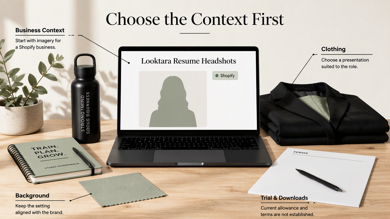 Laptop scene showing Looktara’s Shopify resume-headshot context and the need to verify trial and download terms.