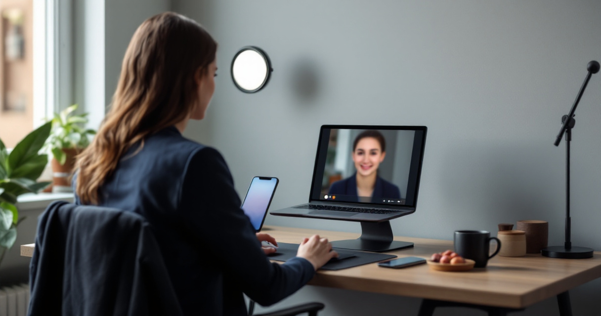 Over-the-shoulder workspace setup for creating a polished professional AI LinkedIn headshot
