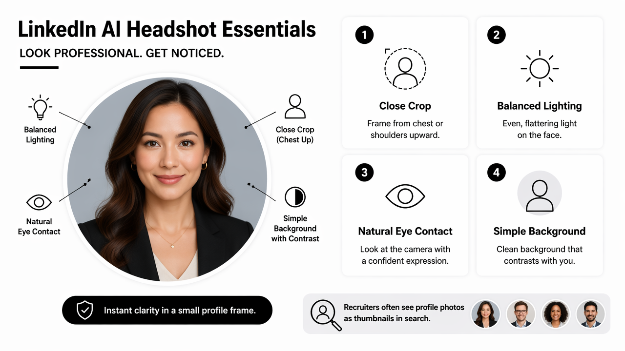 Illustration for How should a LinkedIn AI headshot be cropped, lit, and styled?