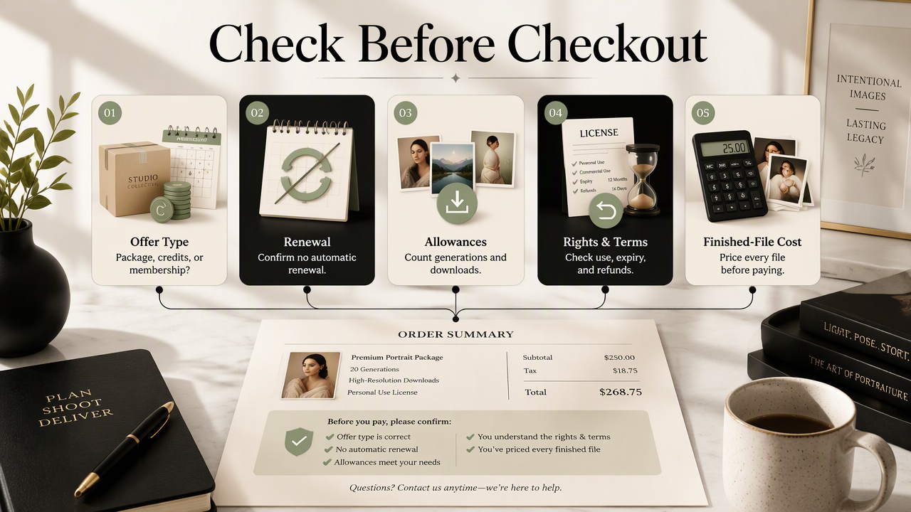 Checkout checklist compares AI headshot package type, renewals, downloads, usage rights, and finished-file costs.