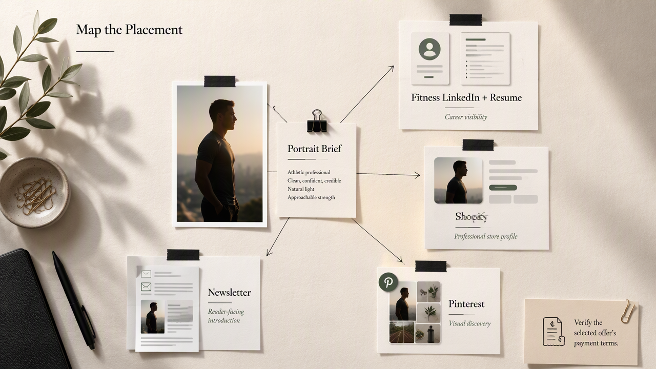 A fitness headshot brief branches into LinkedIn, resume, Shopify, newsletter, and Pinterest placements.