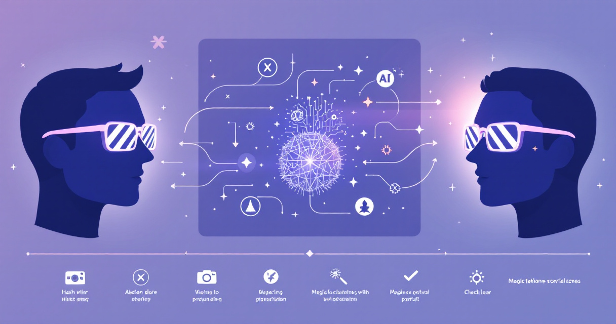 Infographic showing AI glasses glare removal process from reflective lenses to crystal-clear professional headshot results
