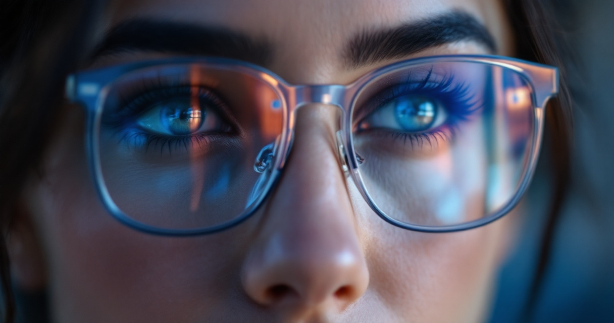 AI glasses glare removal demonstration showing before and after comparison on professional eyeglasses lens with clear transparency