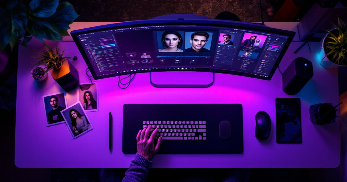 Professional photo editing workspace setup for advanced headshot retouching and glasses reflection removal techniques