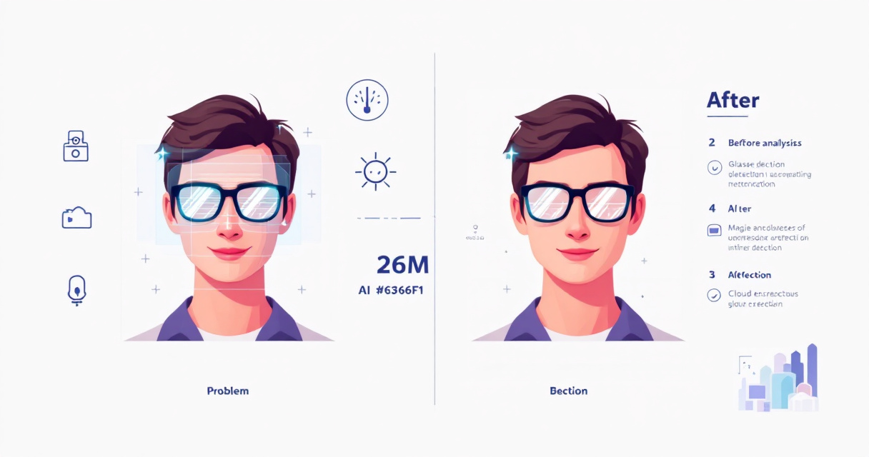 Infographic showing how AI detects and removes glare from glasses in professional headshots