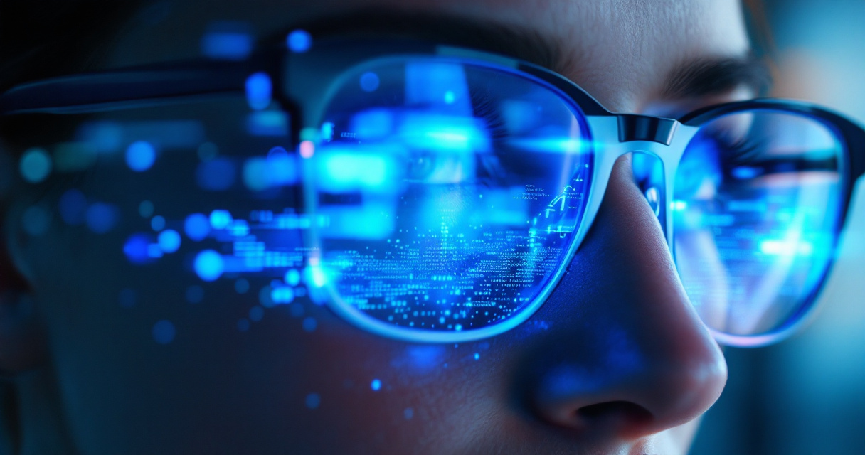 AI scanning effect removing glare from eyeglasses in a professional portrait headshot