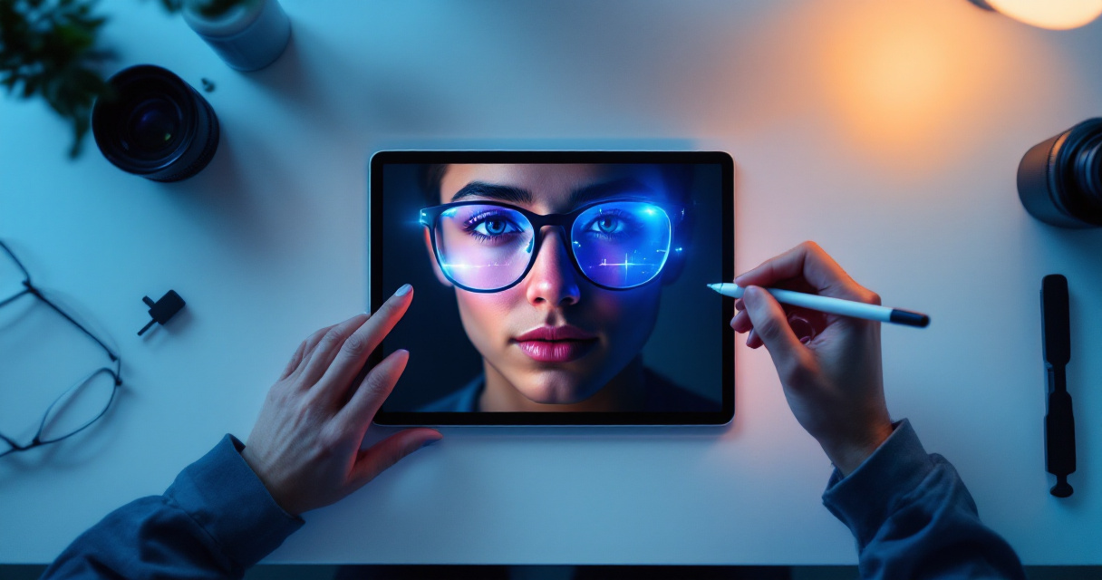 Editing tablet removing glasses reflections step by step in AI headshot workflow