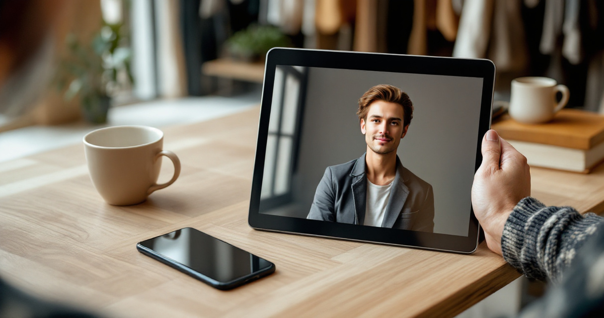 Business owner reviewing a natural-looking AI headshot in a boutique setting