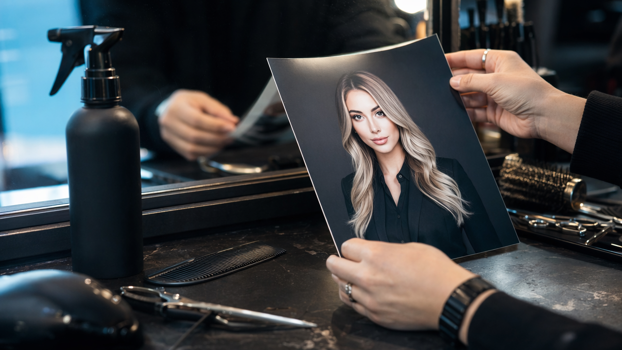 Unrealistic owner portrait beside salon tools showing common AI headshot mistakes