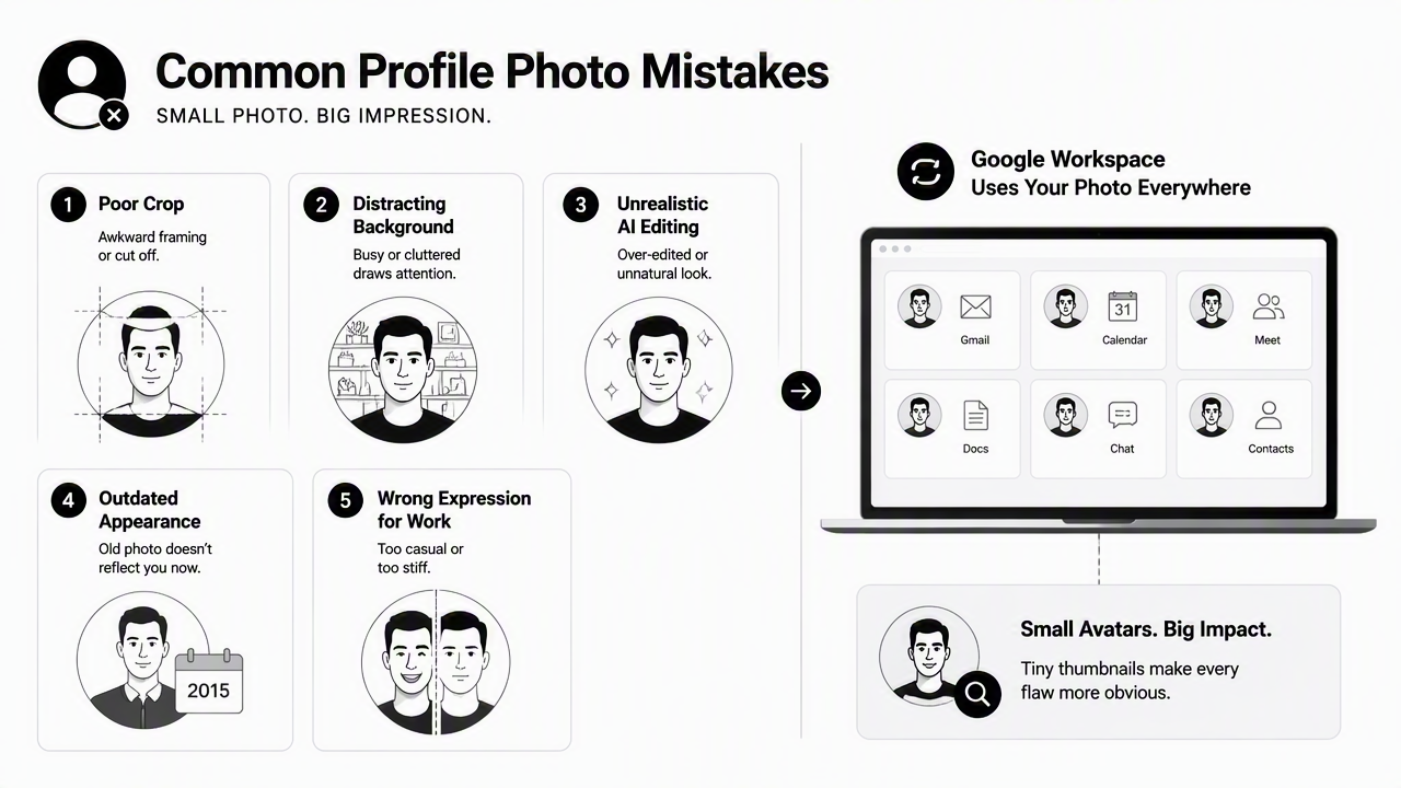 Illustration for What mistakes make a workplace profile photo look unprofessional?