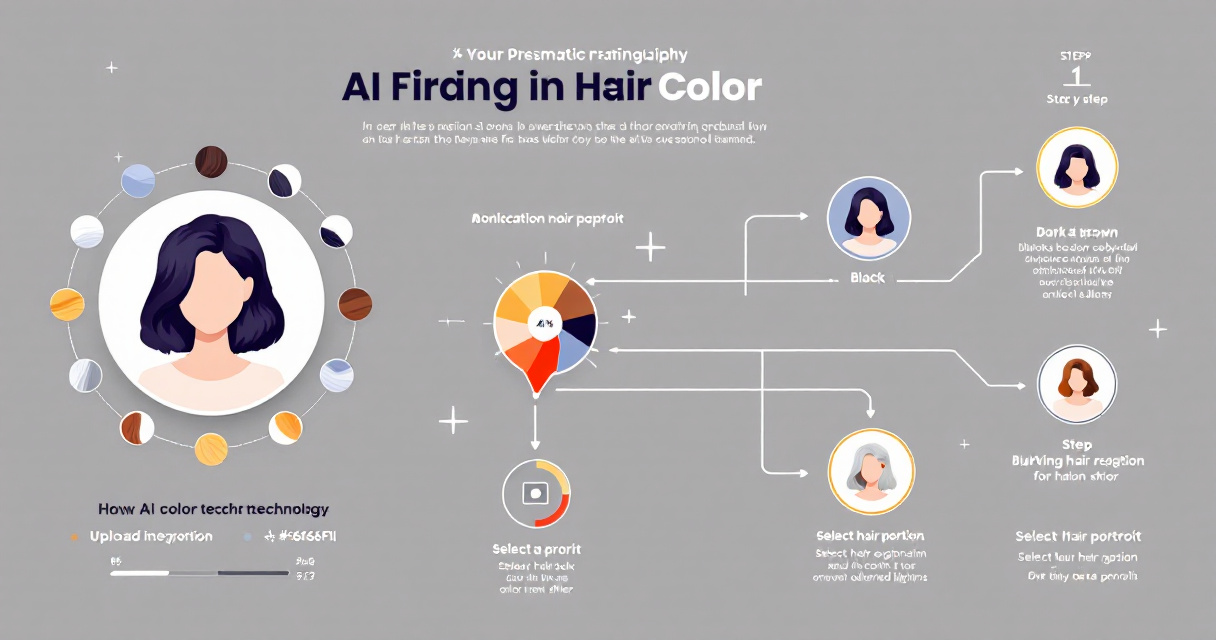 Infographic showing AI technology changing hair color in professional headshots with workflow icons, color options, and personal branding uses.
