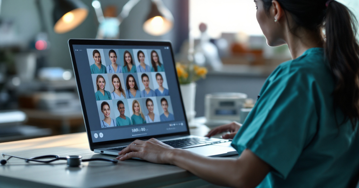 Over-the-shoulder view of nurse reviewing AI-generated headshot portraits on laptop in hospital workspace
