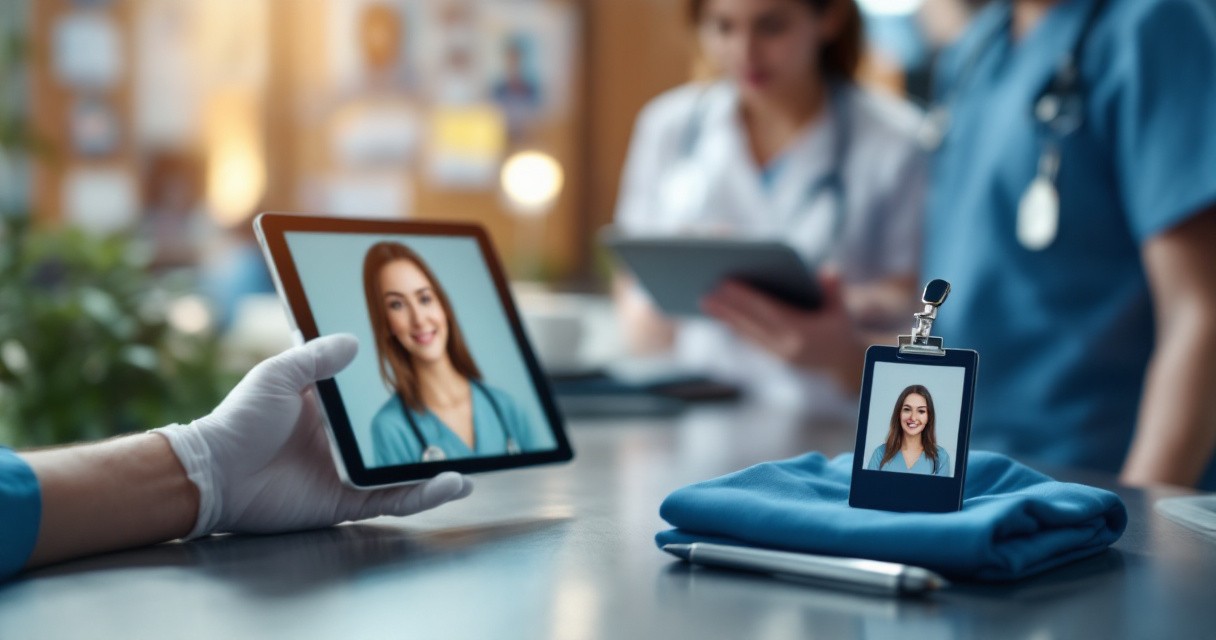Tablet, staff badge, and scrubs showing practical uses of professional nurse headshots in healthcare