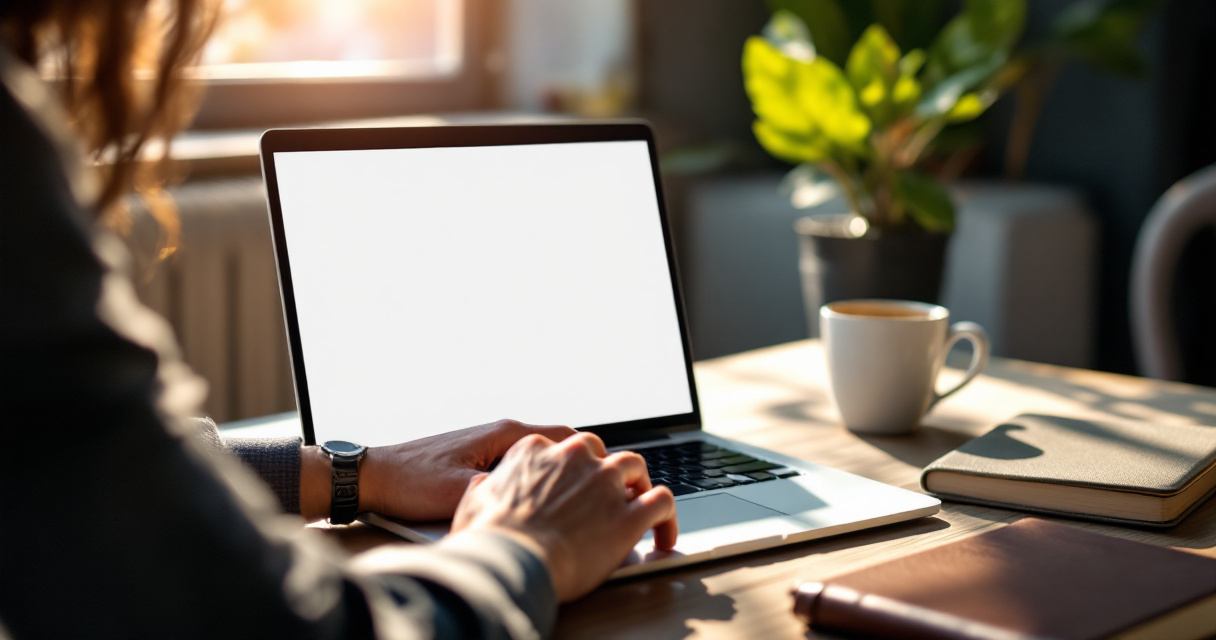 Recruiter reviewing a polished professional headshot on laptop at sunlit desk