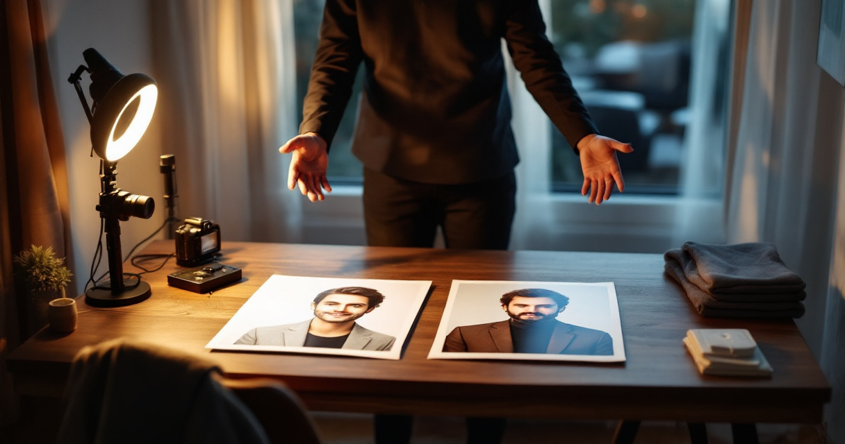 Job seeker comparing polished portrait and natural photo beside window light