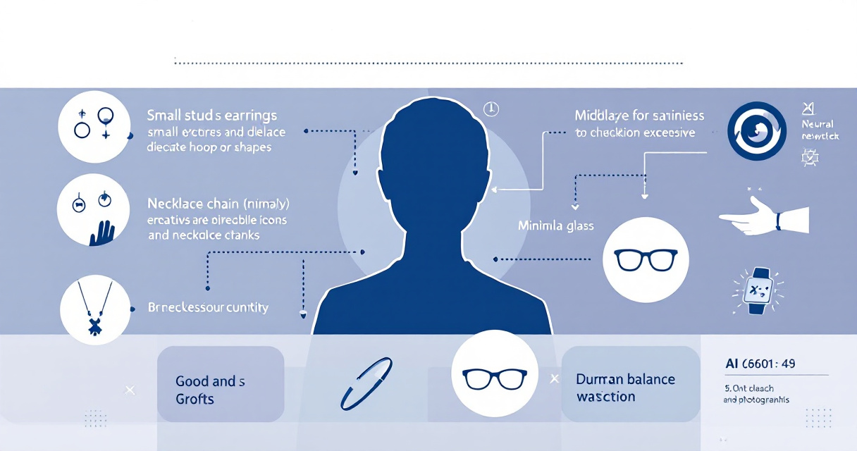 Infographic illustration showing jewelry and accessory guidelines for AI professional headshots with icons for earrings, necklaces, glasses, and watches in indigo color scheme